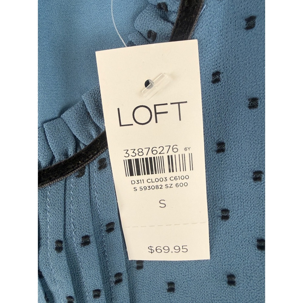 LOFT Blouse Womens Small Blue Clip Dot Pintuck Puff Sleeve Velvet Trim 593082 - Picture 3 of 11